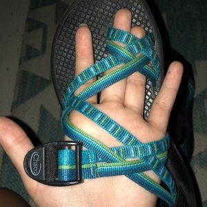 Black and blue chacos